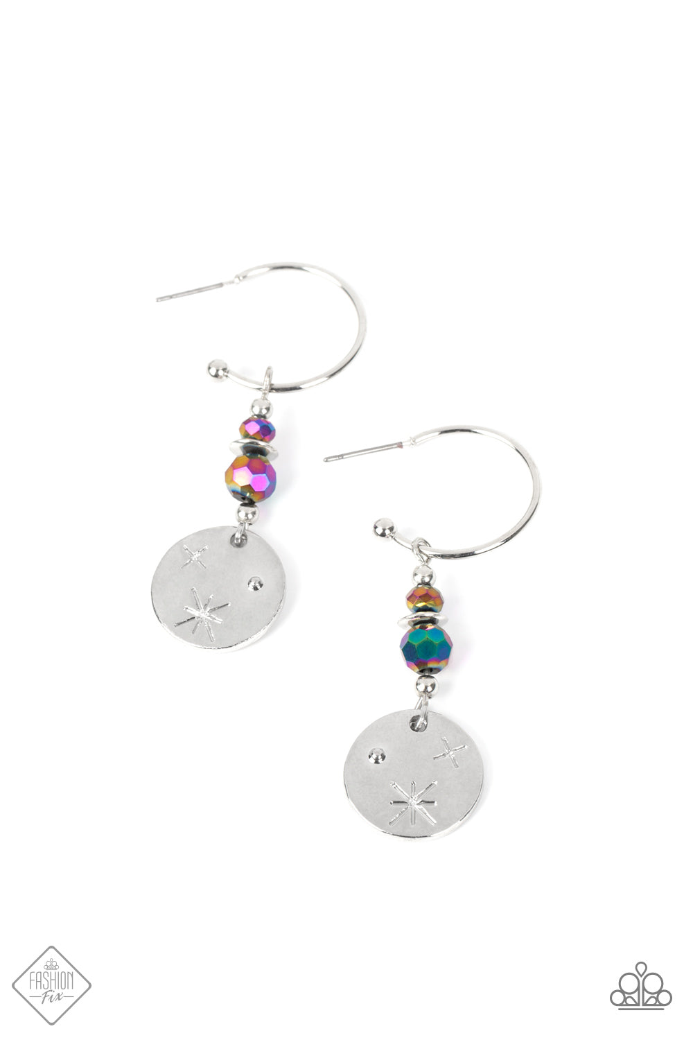 Hanging from a shiny silver hoop, a pair of faceted beads brushed in a reflective oil-spill coating stack together with tiny silver beads. The beads sparkle down to a shiny silver pendant stamped with minimalistic stars and a raised dot, completing the astral arrangement. Earring attaches to a standard post fitting. Hoop measures approximately 1/2