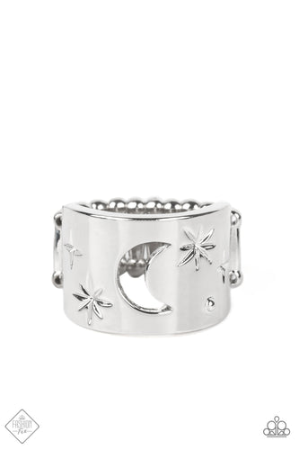 A thick band of silver is stamped in abstract stars that surround a crescent moon cutout at its center. A single raised dot adds eye-catching detail as the cosmic display curves boldly around the finger. Features a stretchy band for a flexible fit.  Sold as one individual ring.  New Kit Fashion Fix