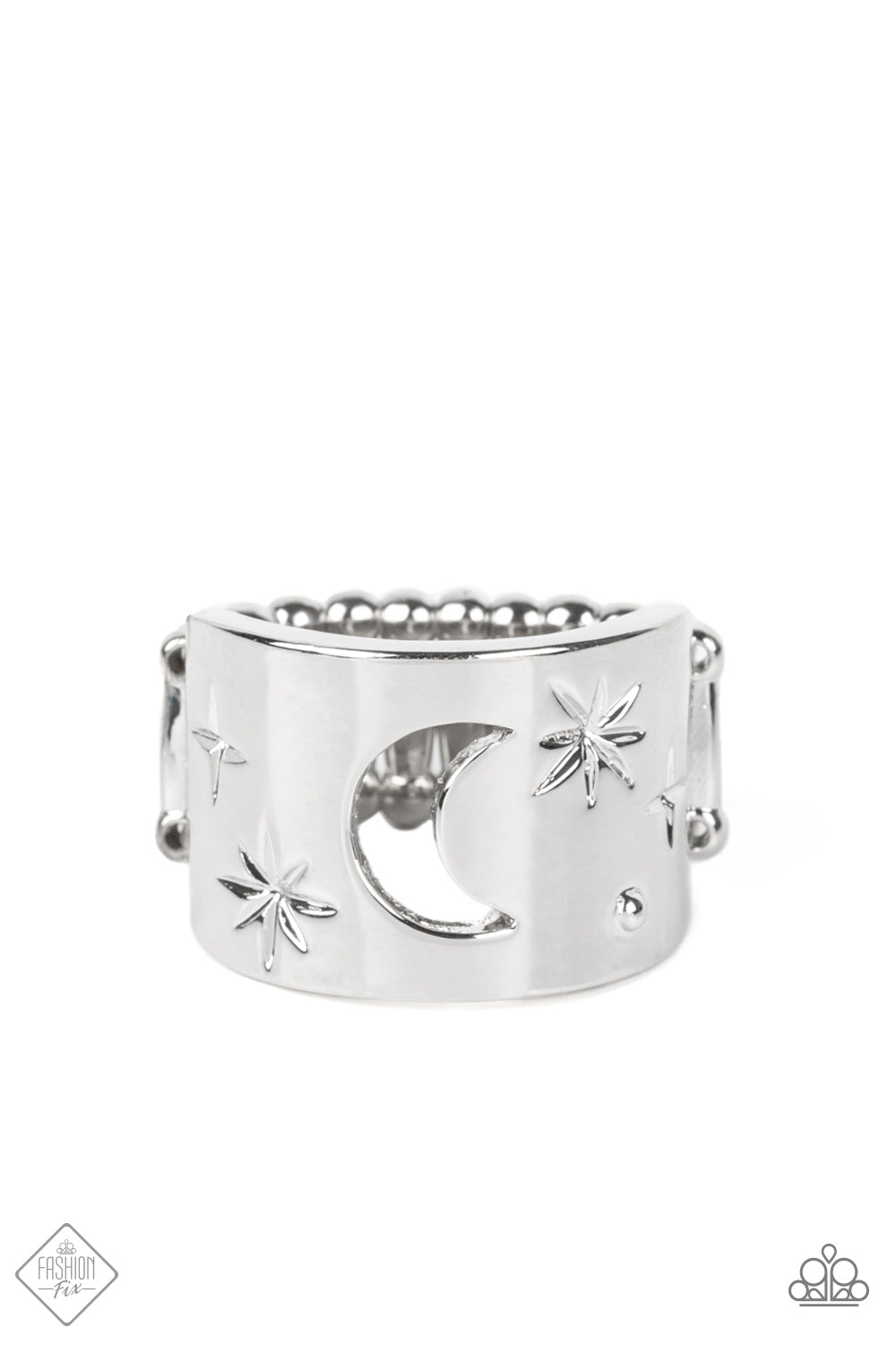 A thick band of silver is stamped in abstract stars that surround a crescent moon cutout at its center. A single raised dot adds eye-catching detail as the cosmic display curves boldly around the finger. Features a stretchy band for a flexible fit.  Sold as one individual ring.  New Kit Fashion Fix