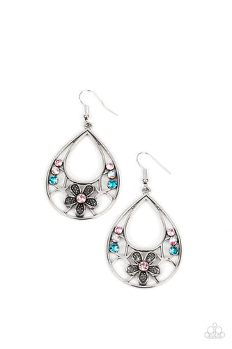 Dotted with dainty multicolored rhinestones, a fractured floral pattern blooms inside an airy teardrop frame for a whimsical fashion. Earring attaches to a standard fishhook fitting.