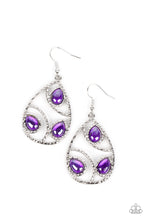 Load image into Gallery viewer, Featuring a glassy finish, glimmering purple teardrop beads adorn the center of an airy silver teardrop frame. Hammered in shimmer, arcing silver bars curve inside the frame for an abstract finish. Earring attaches to a standard fishhook fitting.
