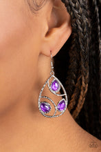 Load image into Gallery viewer, Featuring a glassy finish, glimmering purple teardrop beads adorn the center of an airy silver teardrop frame. Hammered in shimmer, arcing silver bars curve inside the frame for an abstract finish. Earring attaches to a standard fishhook fitting.
