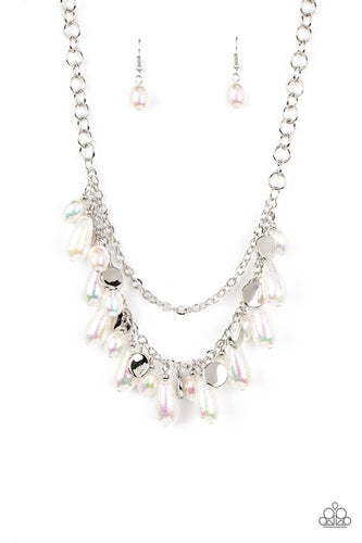 Featuring an iridescent foil-like finish, pearly white oval and teardrop beads alternate with shiny silver discs below the collar. A dainty silver chain is draped above the stellar beading, resulting in enchanting layers. Features an adjustable clasp closure. Due to its prismatic palette, color may vary.