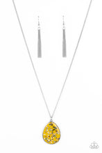 Load image into Gallery viewer, Featuring a shell-like iridescence, shimmery flecks are sprinkled along a mustard yellow backdrop inside of a glassy casing. The colorful teardrop swings from the bottom of an extended silver chain, creating a summery pendant. Features an adjustable clasp closure. &lt;/p&gt;&lt;br&gt;Featured inside The Preview at GLOW! 
