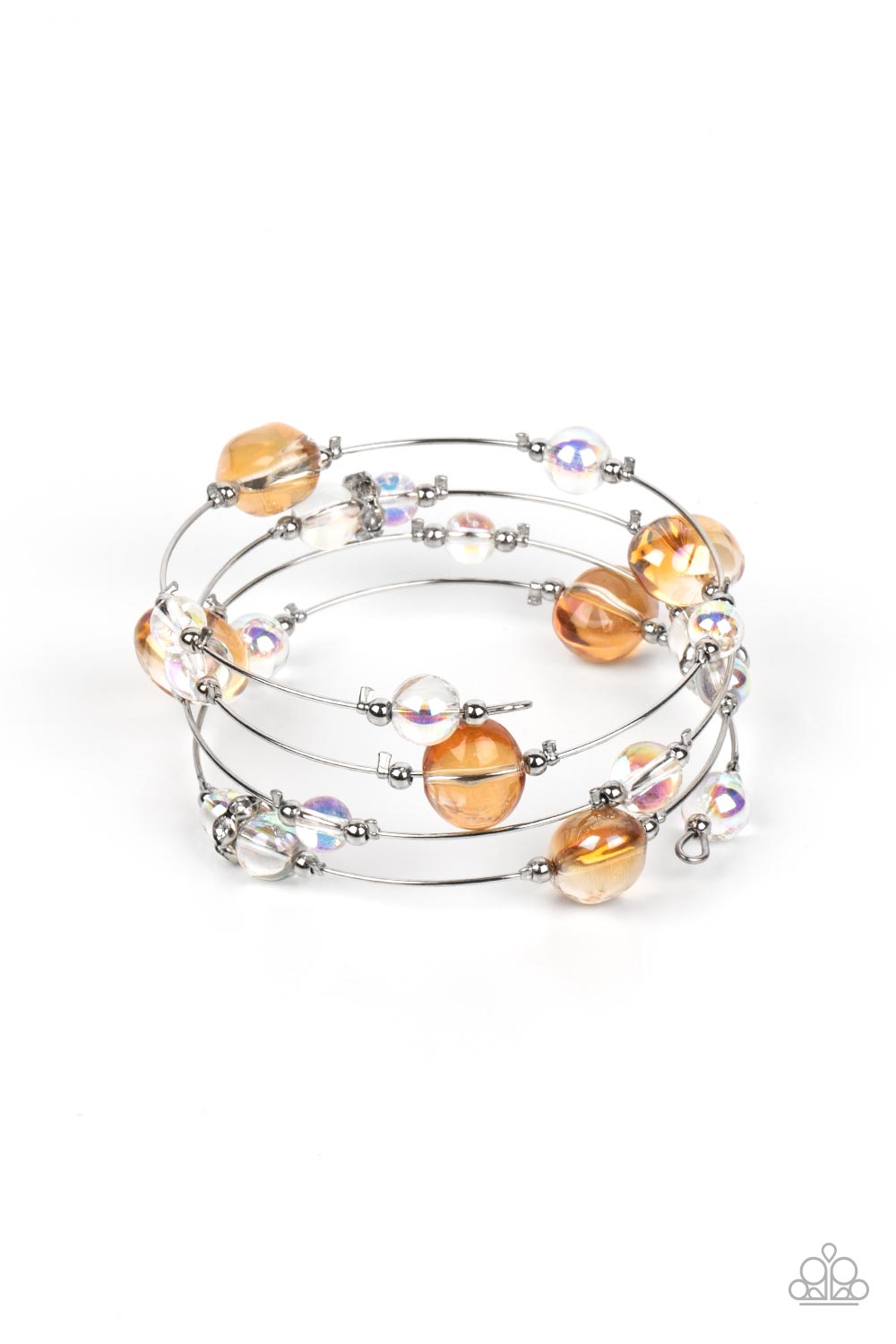 Glassy, orange and iridescent beads sporadically dot a strand of skinny wire, creating the illusion of floating spheres as they coil around the wrist in an infinity-wrap bracelet. One side of each marble-like bead is dipped in a silver coating, adding a hint of metallic shimmer to the abstract design, as rhinestone-encrusted accents add sparkling detail. Due to its prismatic palette, color may vary.