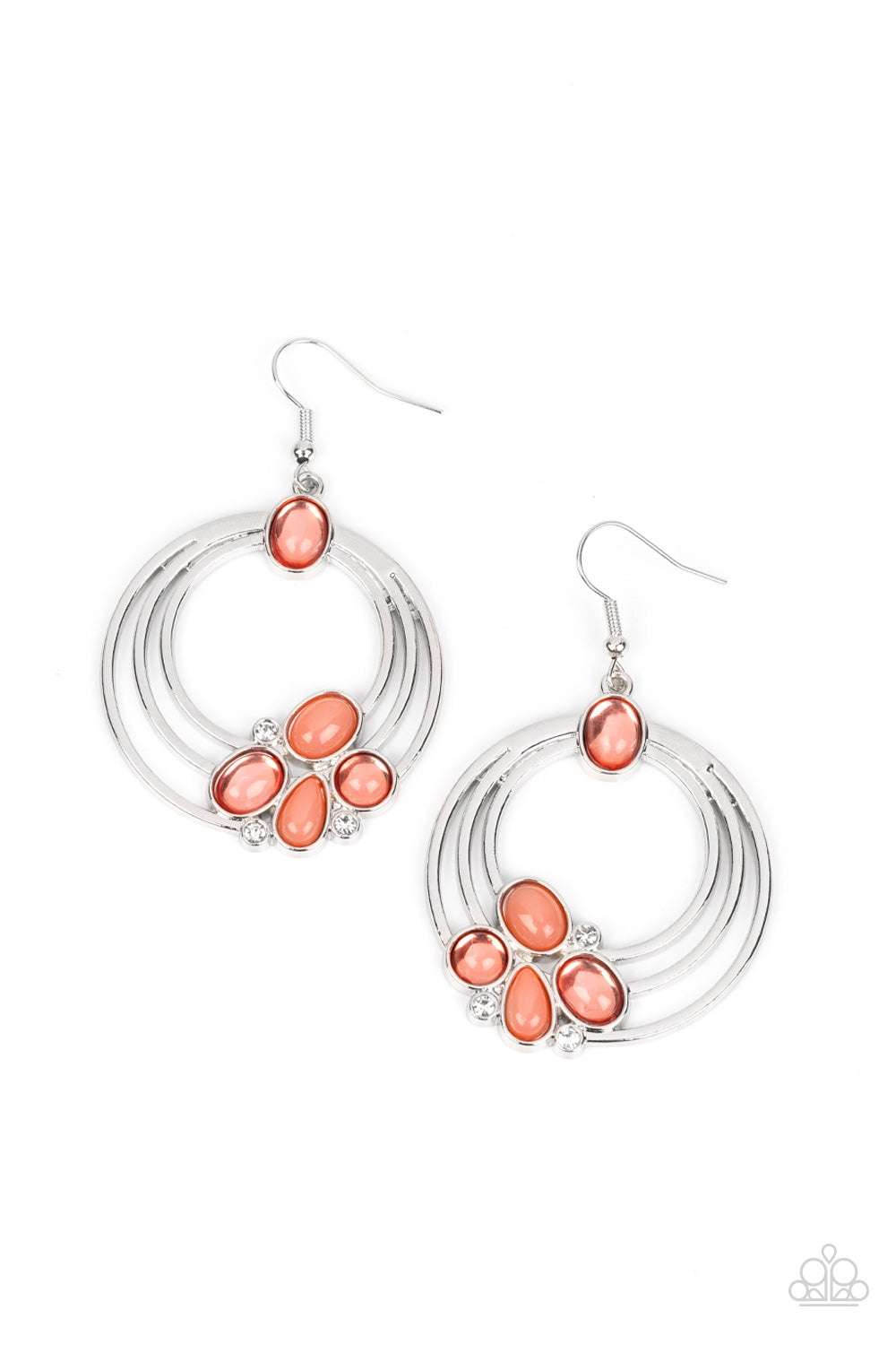 Glassy and opaque coral beads are strategically placed around rings of silver and accented white rhinestones to create a dreamy beach look. Earring attaches to a standard fishhook fitting.