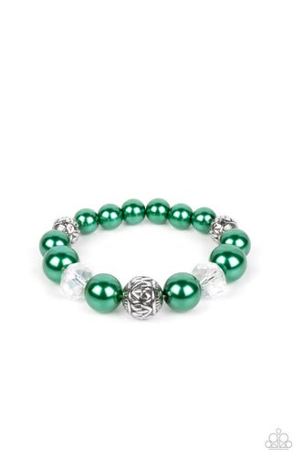 Bubbly Spearmint pearls, silver antique-detailed balls, and reflective beads nobly drape around the wrist on an elastic stretchy band for a refined pop of color.