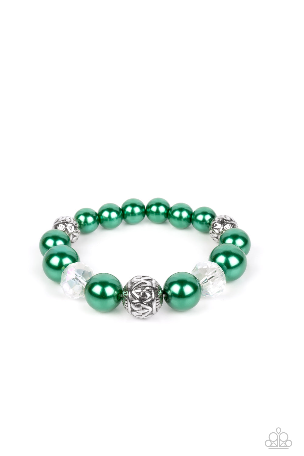 Bubbly Spearmint pearls, silver antique-detailed balls, and reflective beads nobly drape around the wrist on an elastic stretchy band for a refined pop of color.