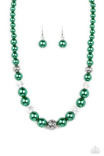 Bubbly Spearmint pearls, silver antique-detailed balls, and reflective beads nobly drape around the collar for a refined pop of color. Features an adjustable clasp closure.