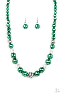 Bubbly Spearmint pearls, silver antique-detailed balls, and reflective beads nobly drape around the collar for a refined pop of color. Features an adjustable clasp closure.