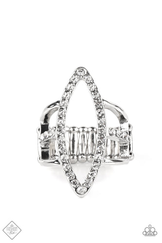 An exaggerated marquise-shaped frame dotted with rhinestones connects to three bands of silver that wrap around the finger. The center band is lined with more rhinestones, adding noteworthy sparkle to the airy design. Features a stretchy band for a flexible fit.  Sold as one individual ring.  New Kit Fashion Fix