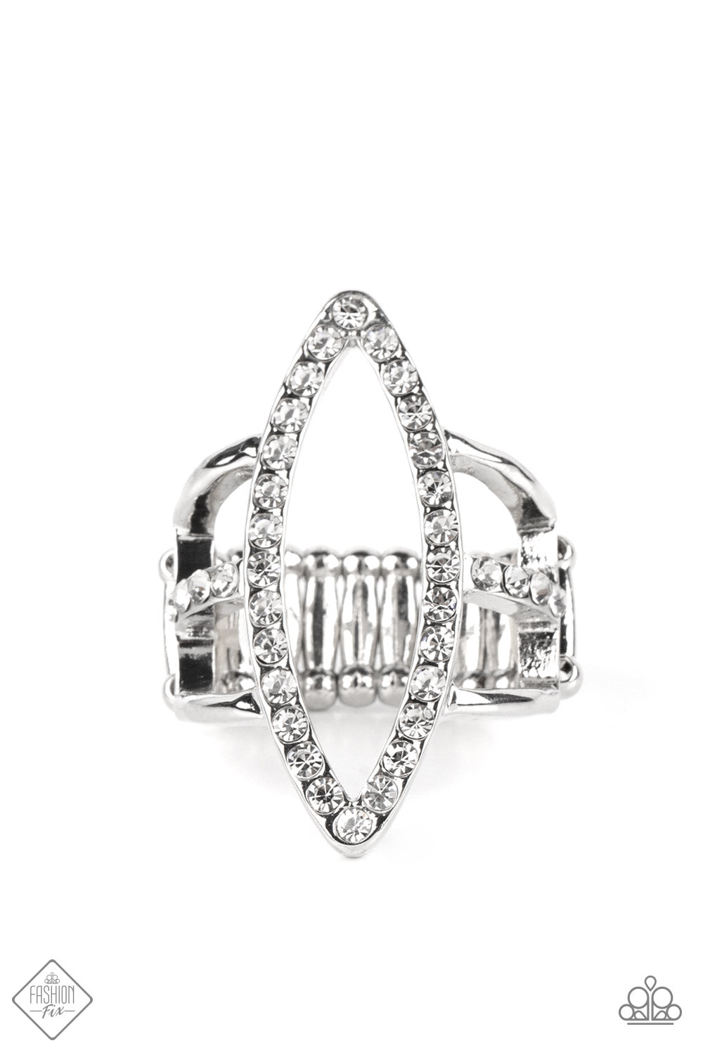 An exaggerated marquise-shaped frame dotted with rhinestones connects to three bands of silver that wrap around the finger. The center band is lined with more rhinestones, adding noteworthy sparkle to the airy design. Features a stretchy band for a flexible fit.  Sold as one individual ring.  New Kit Fashion Fix
