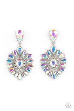 Load image into Gallery viewer, Bordered in dainty white rhinestones, an iridescent gem is pressed into the center of an explosion of iridescent marquise cut rhinestones. The icy frame swings from the bottom of a solitaire iridescent teardrop rhinestone, adding flirtatious movement to the jaw-dropping display. Earring attaches to a standard post fitting. Due to its prismatic palette, color may vary. 
