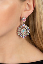 Load image into Gallery viewer, Bordered in dainty white rhinestones, an iridescent gem is pressed into the center of an explosion of iridescent marquise cut rhinestones. The icy frame swings from the bottom of a solitaire iridescent teardrop rhinestone, adding flirtatious movement to the jaw-dropping display. Earring attaches to a standard post fitting. Due to its prismatic palette, color may vary. 
