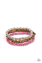 Load image into Gallery viewer, Vivacious pink stone beads, wooden beads, and silver antiqued beads are threaded along elastic stretchy bands. Sprinkled between the colorful beads are dainty silver-studded flower beads for a whimsical finish.
