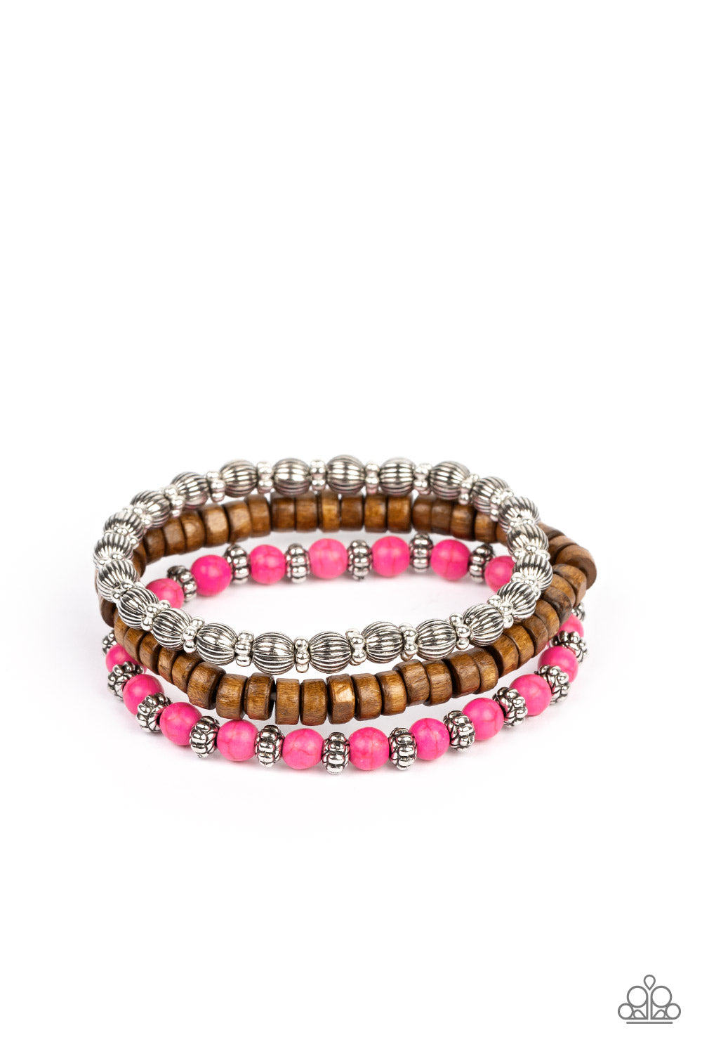 Vivacious pink stone beads, wooden beads, and silver antiqued beads are threaded along elastic stretchy bands. Sprinkled between the colorful beads are dainty silver-studded flower beads for a whimsical finish.