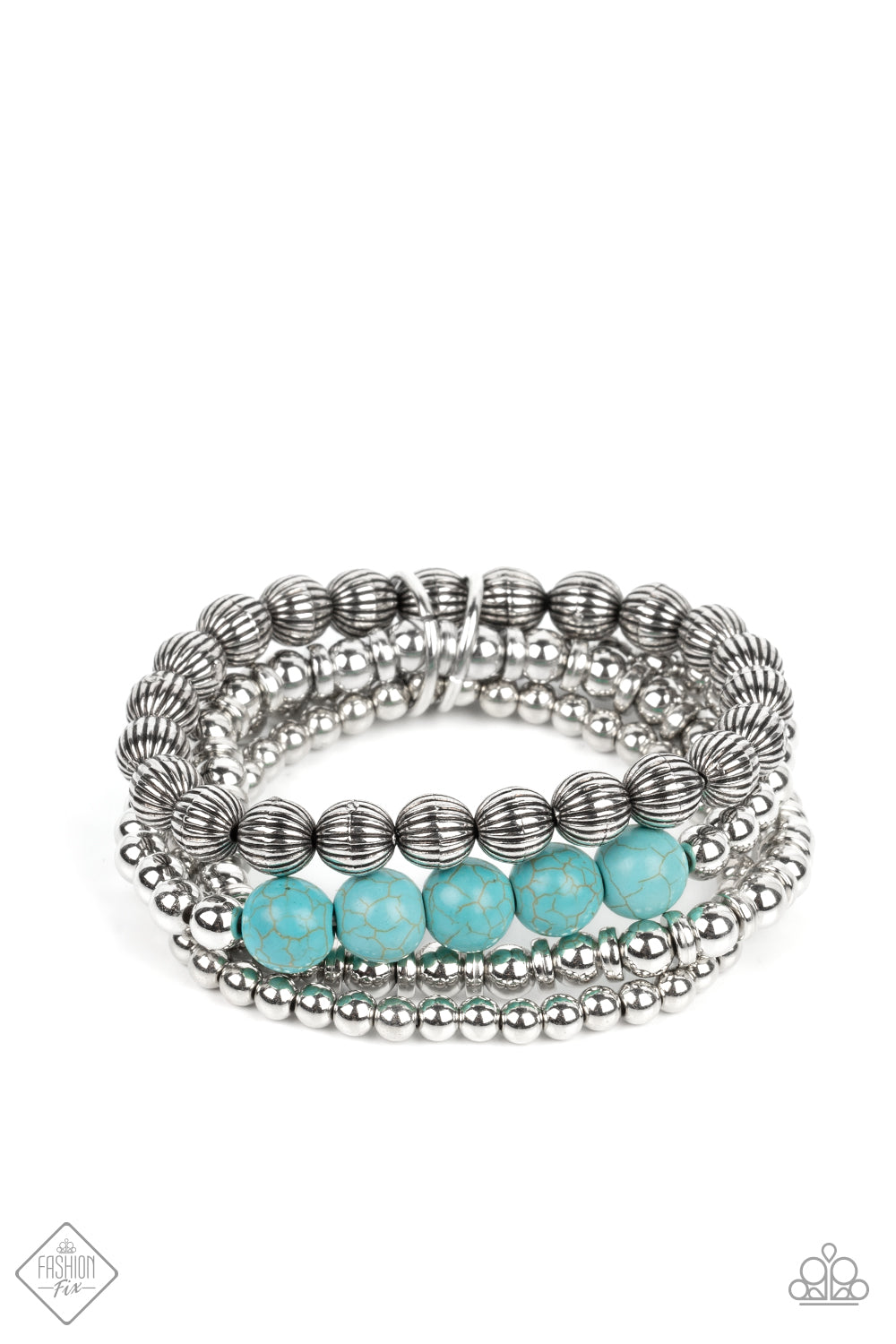 Strands of small silver beads polished in a high sheen finish stack together with a strand of silver beads etched in linear patterns. A row of turquoise stones pops against the backdrop of metallic shimmer, as the stretchy bands are bundled together by a pair of silver rings. As the stone elements in this piece are natural, some color variation is normal.  Sold as one set of four bracelets.