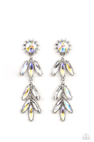 A silver sunburst frame wraps around a yellow iridescent gem as it gives way to an explosion of marquise-cut rhinestones in the same dreamy finish. The oblong frames swing dramatically from the ear, capturing and reflecting light at every turn. Earring attaches to a standard post fitting. Due to its prismatic palette, color may vary.