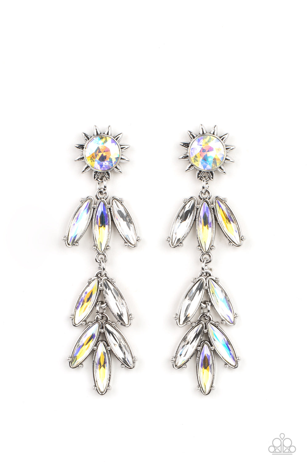 A silver sunburst frame wraps around a yellow iridescent gem as it gives way to an explosion of marquise-cut rhinestones in the same dreamy finish. The oblong frames swing dramatically from the ear, capturing and reflecting light at every turn. Earring attaches to a standard post fitting. Due to its prismatic palette, color may vary.