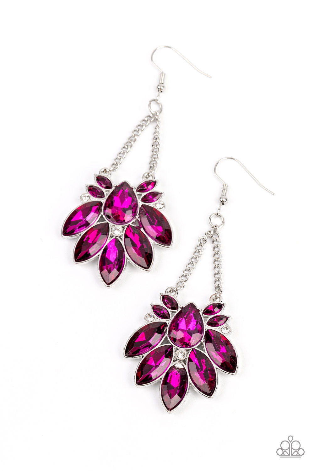 An explosion of marquise-cut rhinestones in a deep shade of pink fan out from a faceted teardrop gem in the same shade. Tiny white rhinestones are sprinkled between the pink gems, adding a hint of sparkle as the design is suspended from a pair of silver chains. Earring attaches to a standard fishhook fitting. 