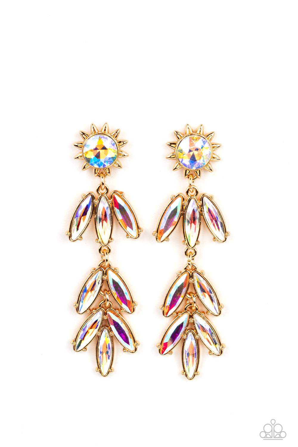 A gold sunburst frame wraps around an iridescent gem as it gives way to an explosion of marquise-cut rhinestones in the same dreamy finish. The oblong frames swing dramatically from the ear, capturing and reflecting light at every turn. Earring attaches to a standard post fitting. Due to its prismatic palette, color may vary.