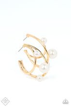 Load image into Gallery viewer, Two dainty gold bars curve into dazzling double hoops, creating asymmetrical framework. Varying sizes of classic pearls dot the edges of the classic hoops, creating the illusion of floating pearl accents. Earring attaches to a standard post fitting. Hoop measures approximately 1 1/2&quot; in diameter.  Sold as one pair of hoop earrings.
