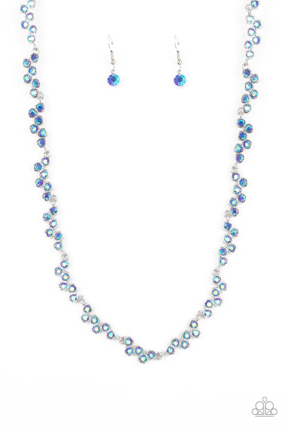 Set in dainty silver heart-shaped frames, staggered clusters of glassy sapphire rhinestones delicately link into a flirtatious hint of sparkle below the collar. Features an adjustable clasp closure. Due to its prismatic palette, color may vary. 