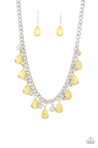 A thick silver chain is decorated in faceted Primrose teardrops wrapped in silver frames. The opacity of the beads adds a dreamy feel to the design, while tiny silver accents dotted by white rhinestone centers add a hint of shimmer. Features an adjustable clasp closure. 