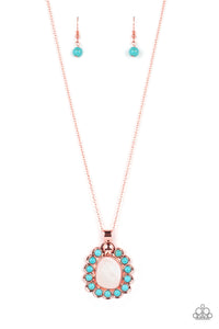 Dangling from a shiny copper chain, an asymmetrical white shell with an opal finish is encircled by a turquoise stone-studded frame, creating a seasonal Southwestern pattern. As the stone elements in this piece are natural, some color variation is normal. Features an adjustable clasp closure.
