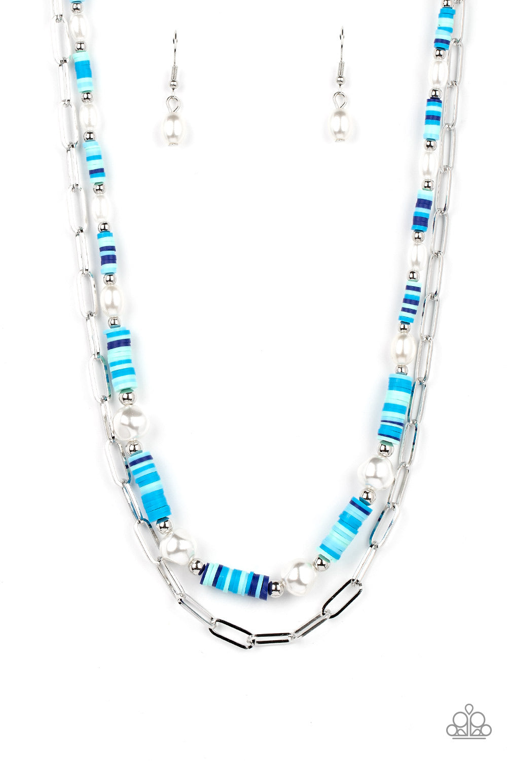 Sections of colorful rubber discs in shades of blue, turquoise, and navy are separated by tiny silver beads and a variety of white baroque pearls to create an unexpected mashup of texture along the collar. A strand of silver paperclip link chain is paired with the abstract design in a layered finish. Features an adjustable clasp closure. </P>  <br>Featured inside The Preview at GLOW! 