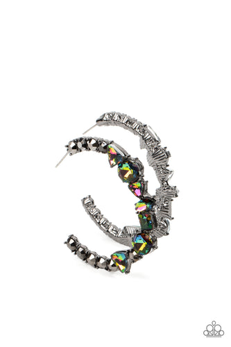 Flanked by hematite rhinestones, a collection of geometric rhinestones with an oil-spill finish sleekly curve around the ear, creating a trendy, yet nostalgic display. Due to its prismatic palette, color may vary. Earring attaches to a standard post fitting. Hoop measures approximately 2