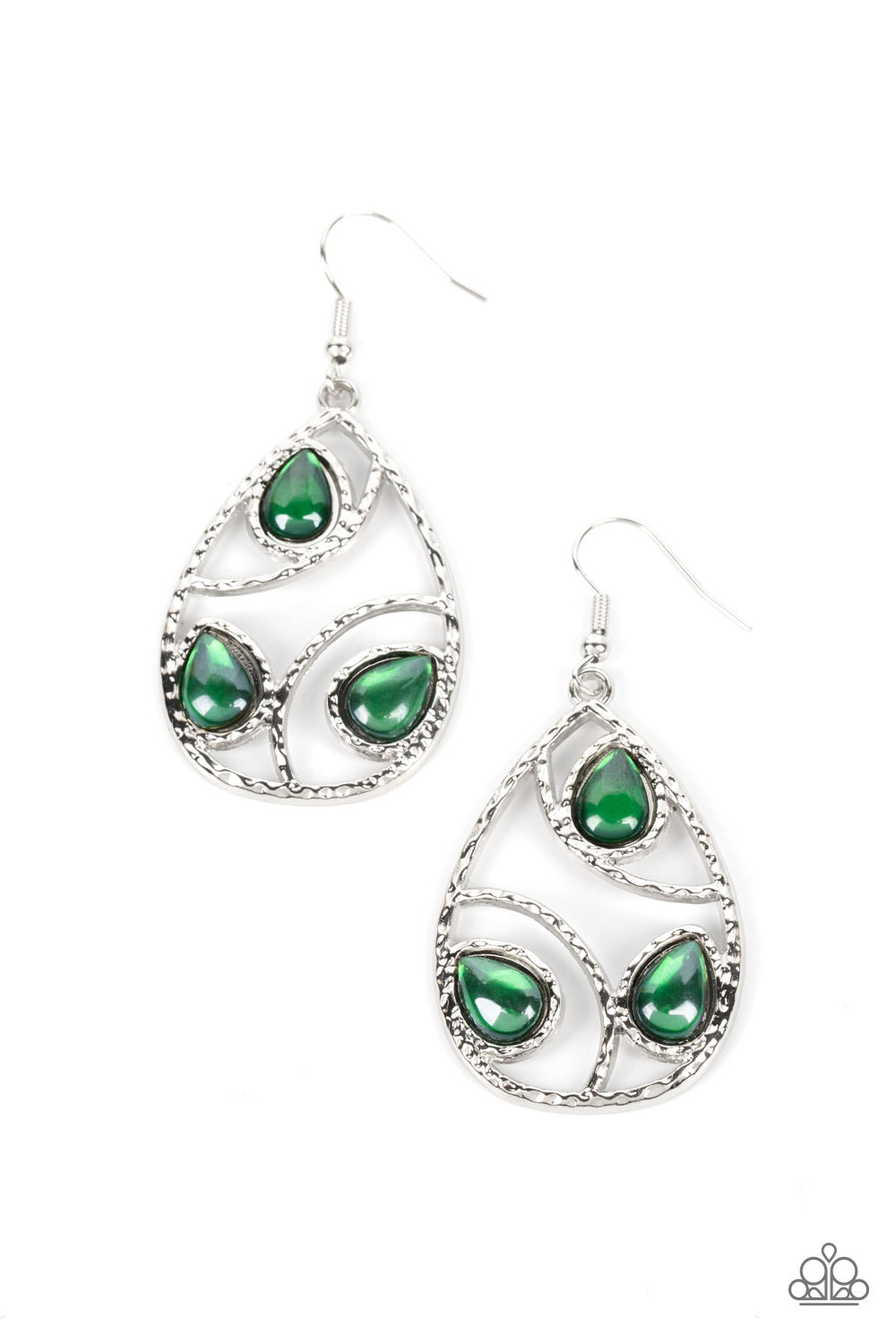 Featuring a glassy finish, glimmering light siam teardrop beads adorn the center of an airy silver teardrop frame. Hammered in shimmer, arcing silver bars curve inside the frame for an abstract finish. Earring attaches to a standard fishhook fitting. 