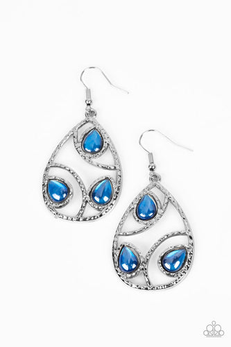 Featuring a glassy finish, glimmering aquamarine teardrop beads adorn the center of an airy silver teardrop frame. Hammered in shimmer, arcing silver bars curve inside the frame for an abstract finish. Earring attaches to a standard fishhook fitting. 