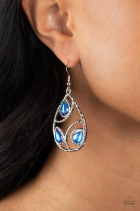 Featuring a glassy finish, glimmering aquamarine teardrop beads adorn the center of an airy silver teardrop frame. Hammered in shimmer, arcing silver bars curve inside the frame for an abstract finish. Earring attaches to a standard fishhook fitting. 