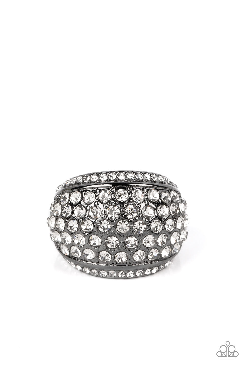 A thick band of gunmetal arcs across the top of the finger, creating an exaggerated rounded frame. Countless tiny white rhinestones scatter across the surface, as straight lines of even more rhinestones line the outer edges in a blinding finish. Features a stretchy band for a flexible fit. 