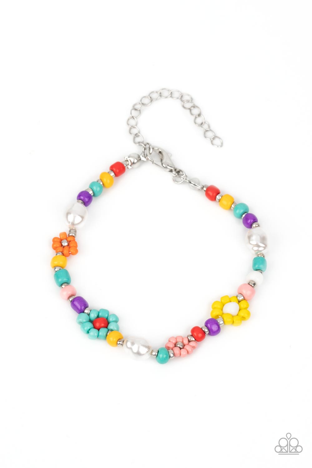 Modeled after gerber daisies, multicolored seed beed petals in shades of Tiffany, orange, pink, and yellow bloom around white, red, and silver beaded centers resulting in a dazzling collection of florals around the wrist. Varying sizes of beads in the same shades, along with a couple of small baroque pearls, separate the floral designs in a far-out finish. Features an adjustable clasp closure. 