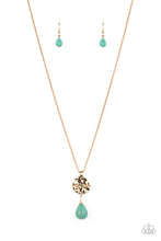 Load image into Gallery viewer, Swinging from a dainty gold chain, a hammered disc in the same hue is stamped with the words &quot;be kind.&quot; A chiseled turquoise teardrop hangs from the bottom of the pendant adding a fashionably rustic feature. Features an adjustable clasp closure. As the stone elements in this piece are natural, some color variation is normal.
