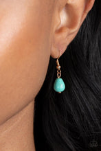 Load image into Gallery viewer, Swinging from a dainty gold chain, a hammered disc in the same hue is stamped with the words &quot;be kind.&quot; A chiseled turquoise teardrop hangs from the bottom of the pendant adding a fashionably rustic feature. Features an adjustable clasp closure. As the stone elements in this piece are natural, some color variation is normal.
