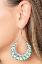 Load image into Gallery viewer, Bubbly green beads are wrapped in silver frames as they fan out into a dramatic horseshoe shape. A thick silver crescent lined with white rhinestones nestles along the inside of the curve at the bottom, as tiny white rhinestones peek out from below the glassy green beads. The dramatic design is suspended from silver chains, allowing the fancy framework to sway freely. Earring attaches to a standard fishhook fitting.  Sold as one pair of earrings.
