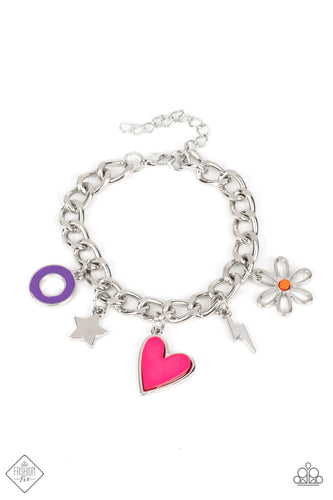 A strand of thick silver curb chain is decorated in playful charms, including a pink heart, a silver lightning bolt and star, a purple ring, and a flower silhouette topped with an orange bead at its center. Features an adjustable clasp closure.  Sold as one individual bracelet.