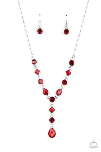 Brilliant red round-cut rhinestones alternate between diamonds and teardrops with a rich red finish, creating an elegant lariat fit for royalty. Features an adjustable clasp closure.  Sold as one individual necklace. Includes one pair of matching earrings.