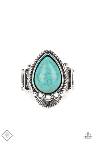 Pressed into a textured silver teardrop frame, a refreshing turquoise stone stands out atop the finger. Airy hoops and studded lines frame the bottom of the teardrop for additional texture. Features a stretchy band for a flexible fit.  Sold as one individual ring.