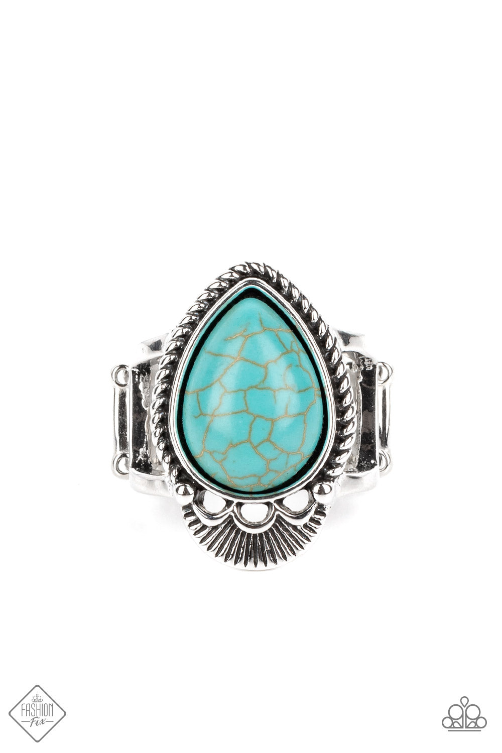 Pressed into a textured silver teardrop frame, a refreshing turquoise stone stands out atop the finger. Airy hoops and studded lines frame the bottom of the teardrop for additional texture. Features a stretchy band for a flexible fit.  Sold as one individual ring.