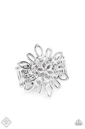 Skinny silver bars loop into an intricate floral design that sits atop the finger. The dizzying framework allows the skin to show through, infusing the design with airy whimsicality. Features a stretchy band for a flexible fit.  Sold as one individual ring.