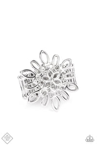 Skinny silver bars loop into an intricate floral design that sits atop the finger. The dizzying framework allows the skin to show through, infusing the design with airy whimsicality. Features a stretchy band for a flexible fit.  Sold as one individual ring.