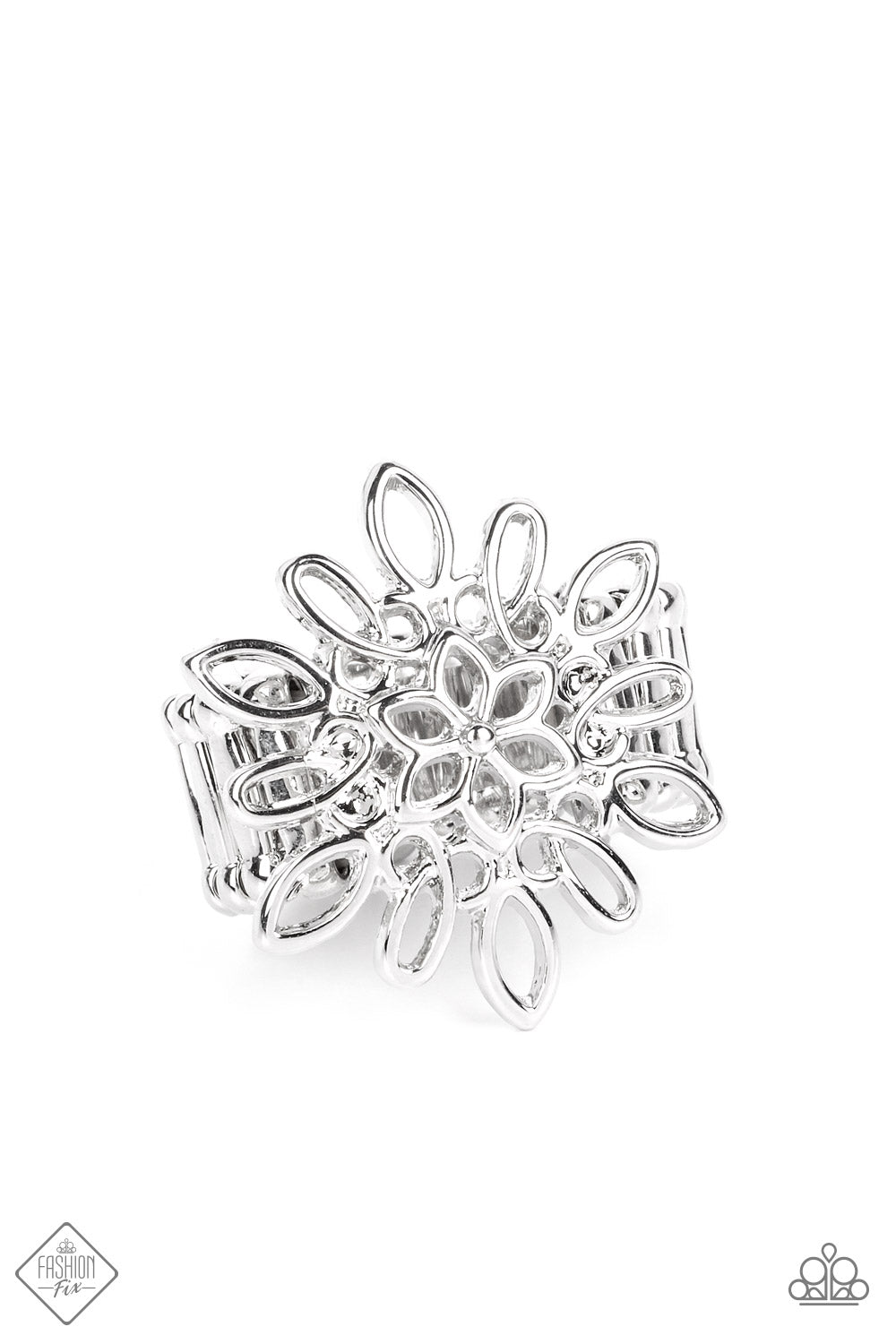 Skinny silver bars loop into an intricate floral design that sits atop the finger. The dizzying framework allows the skin to show through, infusing the design with airy whimsicality. Features a stretchy band for a flexible fit.  Sold as one individual ring.