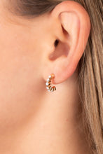 Load image into Gallery viewer, Tiny, white, opalescent beads are encased in gold fittings, falling in line as they curve into a dainty hoop. The gold frames create a scalloped pattern along the sides of the hoop, while the opalescent beading radiates shimmer from the front. Earring attaches to a standard post fitting. Hoop measures approximately 1/4&quot; in diameter.
