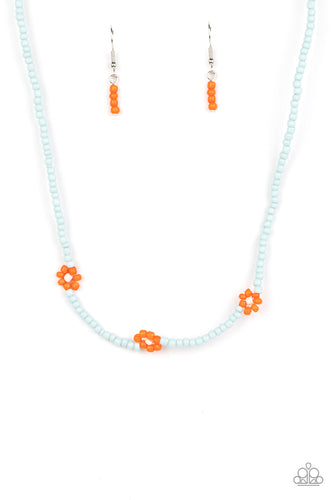 Strung along the entirety of an invisible wire, light blue seed beads coalesce around the collar. The row of blue seed beads are haphazardly interrupted by blooming orange seed bead flowers, with baby pink seed bead centers for a carefree, charismatic finish. Features an adjustable clasp closure. 