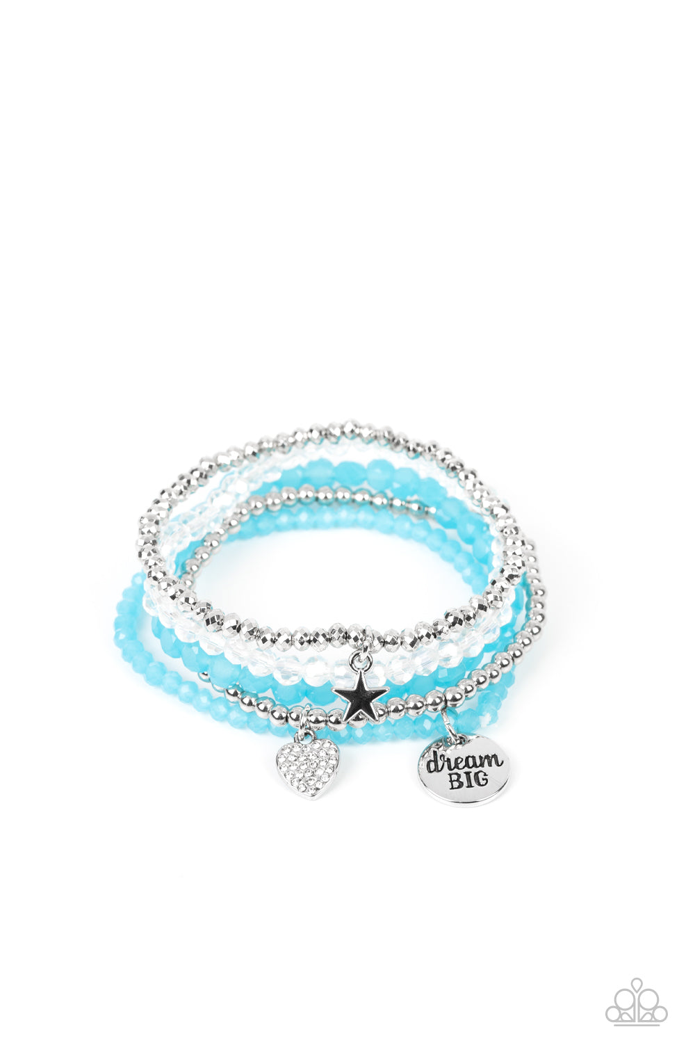 Reflective blue, defaced silver, reflective white, and smooth silver beads wrap around stretchy bands, and combine into a colorful stack along the wrist. The reflective, blue-beaded bracelet features a silver pendant with the phrase 