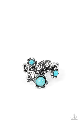 Featuring studded and stony textures, shimmery silver studs traverse across the finger, creating an airy band. Stemming from the studs, intricate silver flowers bloom from turquoise centers, while detailed silver leaves haphazardly sprinkle across the free-spirited, floral arrangement. Features a dainty stretchy band for a flexible fit. As the stone elements in this piece are natural, some color variation is normal.  Sold as one individual ring.